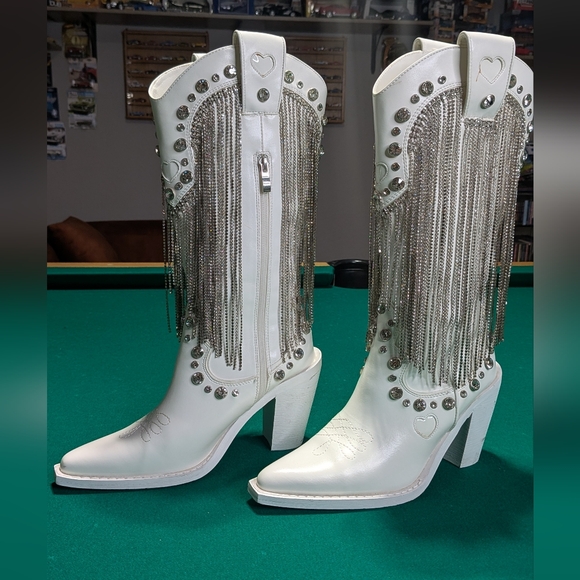 Shoes - White Fringe Western Boots